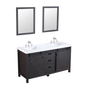 Lexora LM342260DCCSM24F Marsyas 60" Brown Double Vanity, White Quartz Top, White Square Sinks and 24" Mirrors w/ Faucets