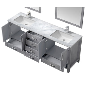Lexora LJ342280DDDSM30F Jacques 80" Distressed Grey Double Vanity, White Carrara Marble Top, White Square Sinks and 30" Mirrors w/ Faucets
