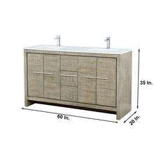 Load image into Gallery viewer, Lexora LLF60DKSODM55FRG Lafarre 60&quot; Rustic Acacia Double Bathroom Vanity, White Quartz Top,White Square Sinks, Labaro Rose Gold Faucet Set, and 55&quot; Frameless Mirror