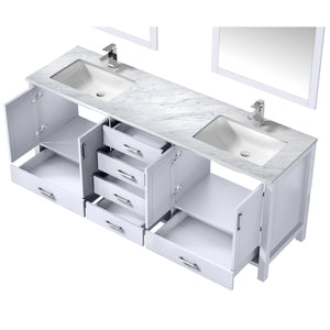 Lexora LJ342280DADSM30F Jacques 80" White Double Vanity, White Carrara Marble Top, White Square Sinks and 30" Mirrors w/ Faucets