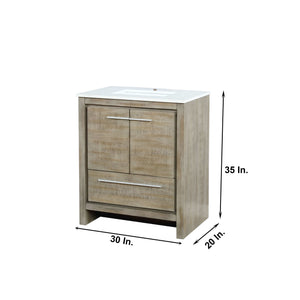 Lexora LLF30SKSOSM28 Lafarre 30" Rustic Acacia Bathroom Vanity, White Quartz Top, White Square Sink, and 28" Frameless Mirror