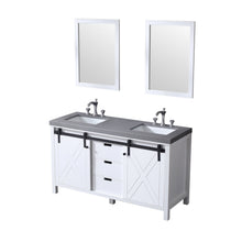 Load image into Gallery viewer, Lexora LM342260DAASM24F Marsyas 60&quot; White Double Vanity, Grey Quartz Top, White Square Sinks and 24&quot; Mirrors w/ Faucets