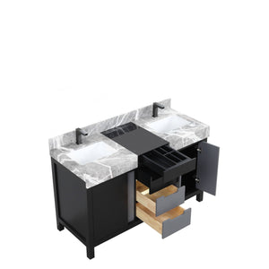 Lexora LZ342255SLISFBG Zilara 55" Black and Grey Double Vanity, Castle Grey Marble Tops, White Square Sinks, and Balzani Gun Metal Faucet Set
