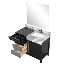 Load image into Gallery viewer, Lexora LZ342242SLISM34FBG Zilara 42&quot; Black and Grey Vanity, Castle Grey Marble Top, White Square Sink, Balzani Gun Metal Faucet Set, and 34&quot; Frameless Mirror