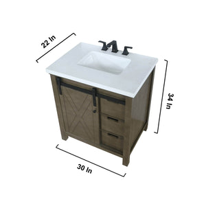 Lexora LM342230SKCSM28F Marsyas 30" Rustic Brown Single Vanity, White Quartz Top, White Square Sink and 28" Mirror w/ Faucet