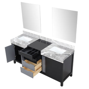 Lexora LZ342272DLISM28 Zilara 72" Black and Grey Double Vanity, Castle Grey Marble Tops, White Square Sinks, and 28" Frameless Mirrors