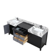 Load image into Gallery viewer, Lexora LZ342284DLISFBG Zilara 84&quot; Black and Grey Double Vanity, Castle Grey Marble Tops, White Square Sinks, and Balzani Gun Metal Faucet Set