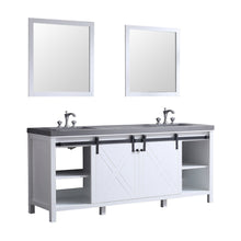 Load image into Gallery viewer, Lexora LM342280DAASM30F Marsyas 80&quot; White Double Vanity, Grey Quartz Top, White Square Sinks and 30&quot; Mirrors w/ Faucets