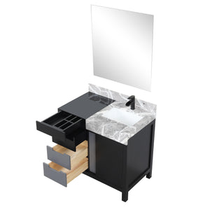 Lexora LZ342236SLISM30FCM Zilara 36" Black and Grey Vanity, Castle Grey Marble Top, White Square Sink, Cascata Nera Matte Black Faucet Set, and 30" Frameless Mirror