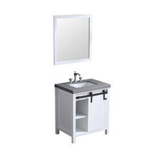Load image into Gallery viewer, Lexora LM342230SAASM28F Marsyas 30&quot; White Single Vanity, Grey Quartz Top, White Square Sink and 28&quot; Mirror w/ Faucet