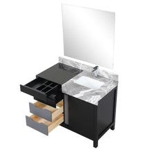 Load image into Gallery viewer, Lexora LZ342242SLISM34FMC Zilara 42&quot; Black and Grey Vanity, Castle Grey Marble Top, White Square Sink, Monte Chrome Faucet Set, and 34&quot; Frameless Mirror