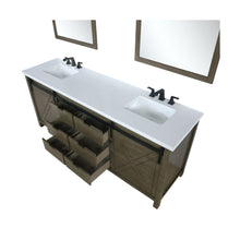 Load image into Gallery viewer, Lexora LM342284DKCSM34F Marsyas 84&quot; Rustic Brown Double Vanity, White Quartz Top, White Square Sinks and 34&quot; Mirrors w/ Faucets
