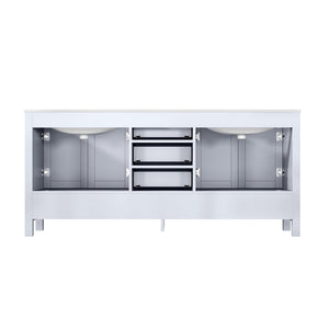 Lexora LJ342272DADSM70F Jacques 72" White Double Vanity, White Carrara Marble Top, White Square Sinks and 70" Mirror w/ Faucets
