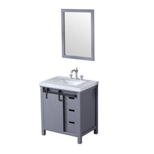 Load image into Gallery viewer, Lexora LM342230SBBSM28F Marsyas 30&quot; Dark Grey Single Vanity, White Carrara Marble Top, White Square Sink and 28&quot; Mirror w/ Faucet