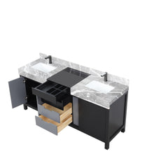 Load image into Gallery viewer, Lexora LZ342272DLISFBG Zilara 72&quot; Black and Grey Double Vanity, Castle Grey Marble Tops, White Square Sinks, and Balzani Gun Metal Faucet Set