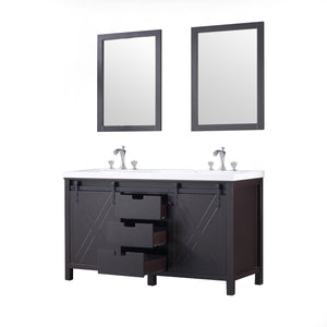 Lexora LM342260DCCSM24F Marsyas 60" Brown Double Vanity, White Quartz Top, White Square Sinks and 24" Mirrors w/ Faucets