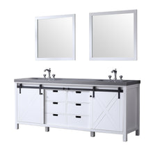 Load image into Gallery viewer, Lexora LM342284DAASM34F Marsyas 84&quot; White Double Vanity, Grey Quartz Top, White Square Sinks and 34&quot; Mirrors w/ Faucets