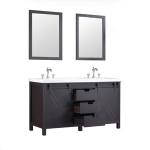 Lexora LM342260DCCSM24F Marsyas 60" Brown Double Vanity, White Quartz Top, White Square Sinks and 24" Mirrors w/ Faucets