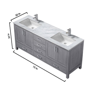 Lexora LJ342272DDDSM70F Jacques 72" Distressed Grey Double Vanity, White Carrara Marble Top, White Square Sinks and 70" Mirror w/ Faucets