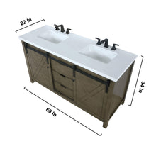 Load image into Gallery viewer, Lexora LM342260DKCSM24F Marsyas 60&quot; Rustic Brown Double Vanity, White Quartz Top, White Square Sinks and 24&quot; Mirrors w/ Faucets