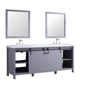 Lexora LM342280DBBSM30F Marsyas 80" Dark Grey Double Vanity, White Carrara Marble Top, White Square Sinks and 30" Mirrors w/ Faucets