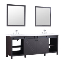 Load image into Gallery viewer, Lexora LM342284DCCSM34F Marsyas 84&quot; Brown Double Vanity, White Quartz Top, White Square Sinks and 34&quot; Mirrors w/ Faucets