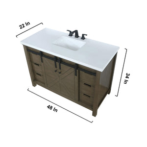 Lexora LM342248SKCSM44F Marsyas 48" Rustic Brown Single Vanity, White Quartz Top, White Square Sink and 44" Mirror w/ Faucet