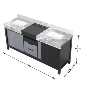 Lexora LZ342272DLISM28 Zilara 72" Black and Grey Double Vanity, Castle Grey Marble Tops, White Square Sinks, and 28" Frameless Mirrors