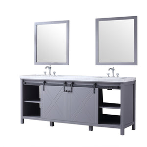 Lexora LM342280DBBSM30F Marsyas 80" Dark Grey Double Vanity, White Carrara Marble Top, White Square Sinks and 30" Mirrors w/ Faucets