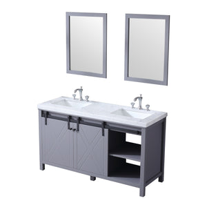 Lexora LM342260DBBSM24F Marsyas 60" Dark Grey Double Vanity, White Carrara Marble Top, White Square Sinks and 24" Mirrors w/ Faucets