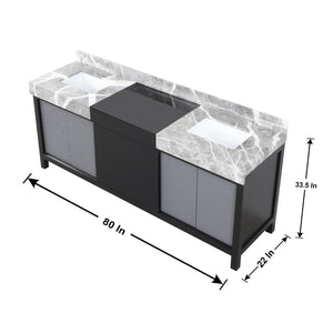 Lexora LZ342280DLISM30FMC Zilara 80" Black and Grey Double Vanity, Castle Grey Marble Tops, White Square Sinks, Monte Chrome Faucet Set, and 30" Frameless Mirrors