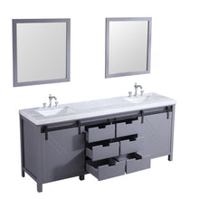 Load image into Gallery viewer, Lexora LM342280DBBSM30F Marsyas 80&quot; Dark Grey Double Vanity, White Carrara Marble Top, White Square Sinks and 30&quot; Mirrors w/ Faucets