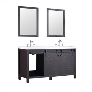 Lexora LM342260DCCSM24F Marsyas 60" Brown Double Vanity, White Quartz Top, White Square Sinks and 24" Mirrors w/ Faucets