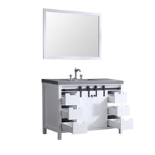 Load image into Gallery viewer, Lexora LM342248SAASM44F Marsyas 48&quot; White Single Vanity, Grey Quartz Top, White Square Sink and 44&quot; Mirror w/ Faucet