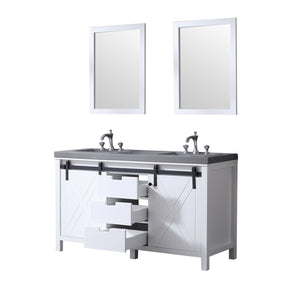 Lexora LM342260DAASM24F Marsyas 60" White Double Vanity, Grey Quartz Top, White Square Sinks and 24" Mirrors w/ Faucets