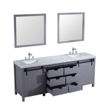 Load image into Gallery viewer, Lexora LM342284DBBSM34F Marsyas 84&quot; Dark Grey Double Vanity, White Carrara Marble Top, White Square Sinks and 34&quot; Mirrors w/ Faucets