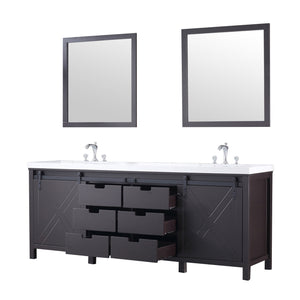 Lexora LM342284DCCSM34F Marsyas 84" Brown Double Vanity, White Quartz Top, White Square Sinks and 34" Mirrors w/ Faucets