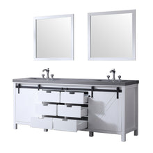 Load image into Gallery viewer, Lexora LM342284DAASM34F Marsyas 84&quot; White Double Vanity, Grey Quartz Top, White Square Sinks and 34&quot; Mirrors w/ Faucets