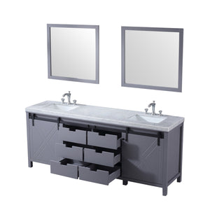 Lexora LM342284DBBSM34F Marsyas 84" Dark Grey Double Vanity, White Carrara Marble Top, White Square Sinks and 34" Mirrors w/ Faucets