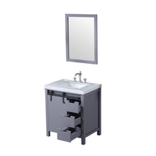 Load image into Gallery viewer, Lexora LM342230SBBSM28F Marsyas 30&quot; Dark Grey Single Vanity, White Carrara Marble Top, White Square Sink and 28&quot; Mirror w/ Faucet