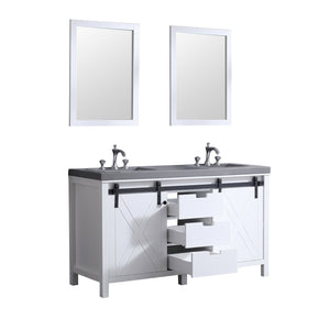 Lexora LM342260DAASM24F Marsyas 60" White Double Vanity, Grey Quartz Top, White Square Sinks and 24" Mirrors w/ Faucets