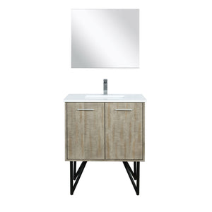 Lexora LLC30SKSOSM28FBN Lancy 30" Rustic Acacia Bathroom Vanity, White Quartz Top, White Square Sink, Labaro Brushed Nickel Faucet Set, and 28" Frameless Mirror