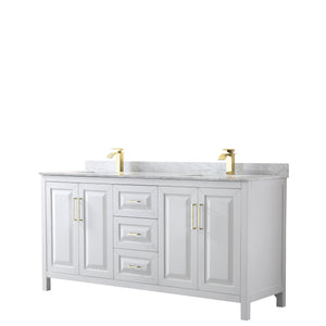 Wyndham Collection WCV252572DWGCMUNSMXX Daria 72 Inch Double Bathroom Vanity in White, White Carrara Marble Countertop, Undermount Square Sinks, Brushed Gold Trim