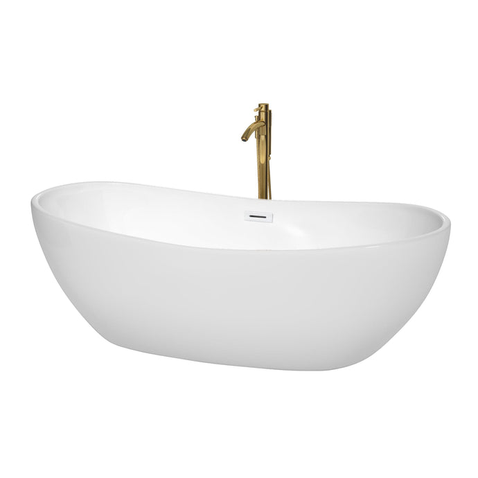 Wyndham Collection WCOBT101470SWATPGD Rebecca 70 Inch Freestanding Bathtub in White with Shiny White Trim and Floor Mounted Faucet in Brushed Gold