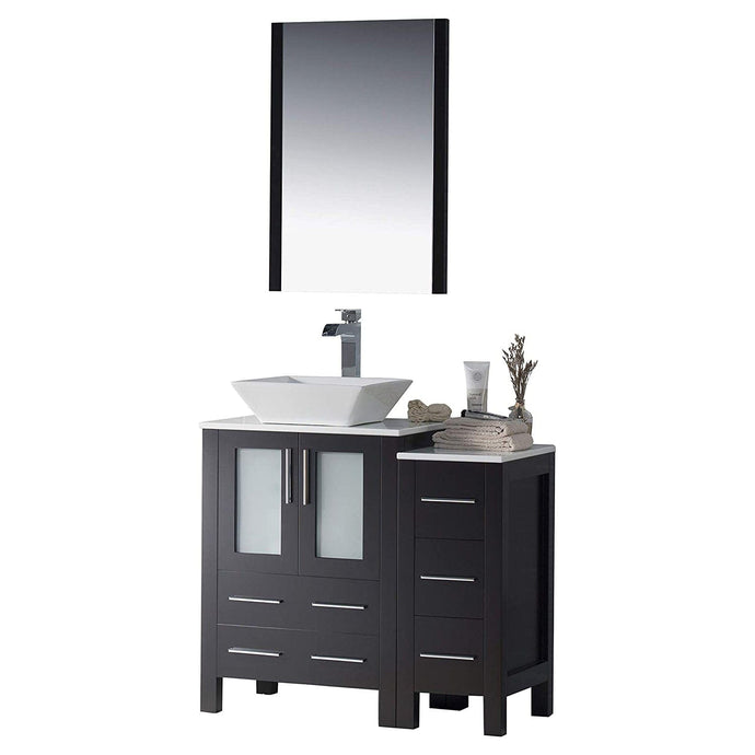 Blossom 001 36S 02 V M Sydney 36 Inch Vanity with Ceramic Vessel Sink & Mirror & Side Cabinet - Espresso