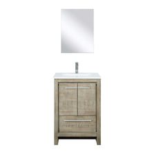 Load image into Gallery viewer, Lexora LLF24SKSOSM18FGM Lafarre 24&quot; Rustic Acacia Bathroom Vanity, White Quartz Top, White Square Sink, Balzani Gun Metal Faucet Set, and 18&quot; Frameless Mirror