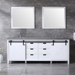 Lexora LM342284DAASM34F Marsyas 84" White Double Vanity, Grey Quartz Top, White Square Sinks and 34" Mirrors w/ Faucets