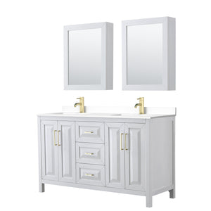 Wyndham Collection WCV252560DWGWCUNSMED Daria 60 Inch Double Bathroom Vanity in White, White Cultured Marble Countertop, Undermount Square Sinks, Medicine Cabinets, Brushed Gold Trim