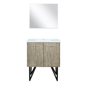 Lexora LLC30SKSOSM28 Lancy 30" Rustic Acacia Bathroom Vanity, White Quartz Top, White Square Sink, and 28" Frameless Mirror