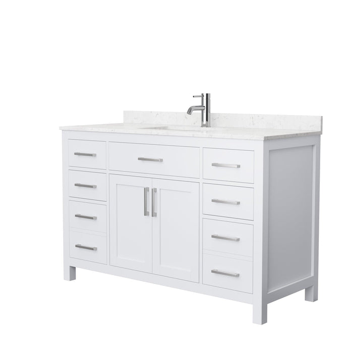 Wyndham Collection WCG242454SWHCCUNSMXX Beckett 54 Inch Single Bathroom Vanity in White, Carrara Cultured Marble Countertop, Undermount Square Sink, No Mirror